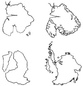 Comparación de Hancock de los mapas de Mercator, Orontius Finaeus y de Philippe Buache de la Terra Australis con los resultados de los datos sísmicos 1957-8: difícilmente se le puede llamar impresionante.